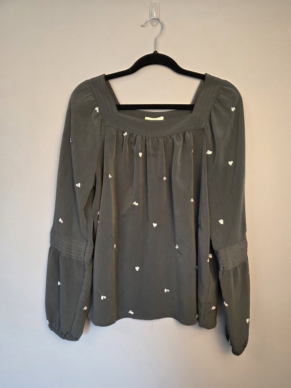 Lauren Conrad Charcoal Square-Neck Balloon Sleeves Embroidered Hearts Large Boho